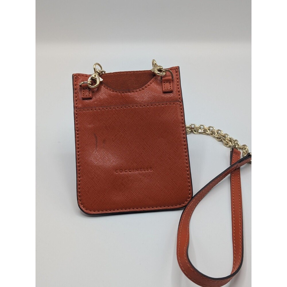 Coccinelle Phone Holder 6” Orange Textured Leather with Gold Chain Crossbody